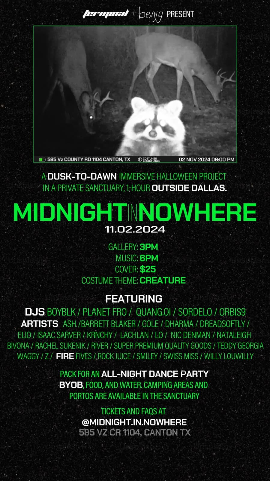 Trail-camera poster of deer and a raccoon announcing Midnight in Nowhere, November 2, 2024