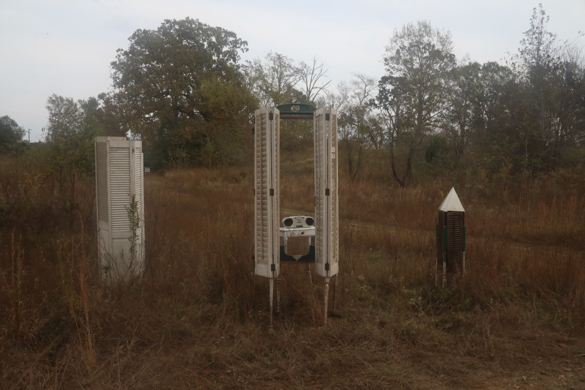 Repurposed window shutters standing like sentinels in a dry field
